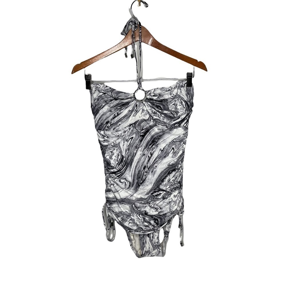 Michael Kors Black white marble Logo Ring Halter bathing suit Sz 8, High Neck
